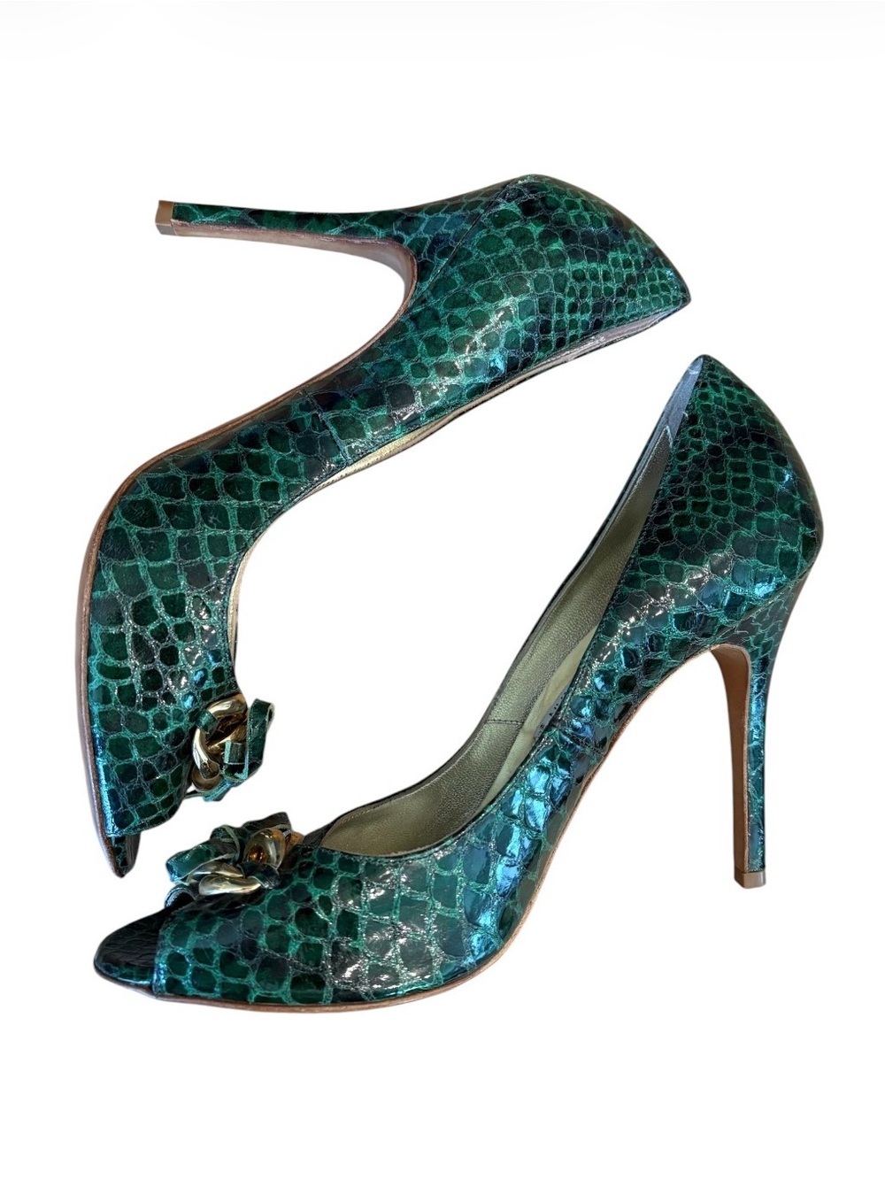 Luciano Padovan Snake Skin Design Peep Toe Green Pumps – Size 38 / US 7.5